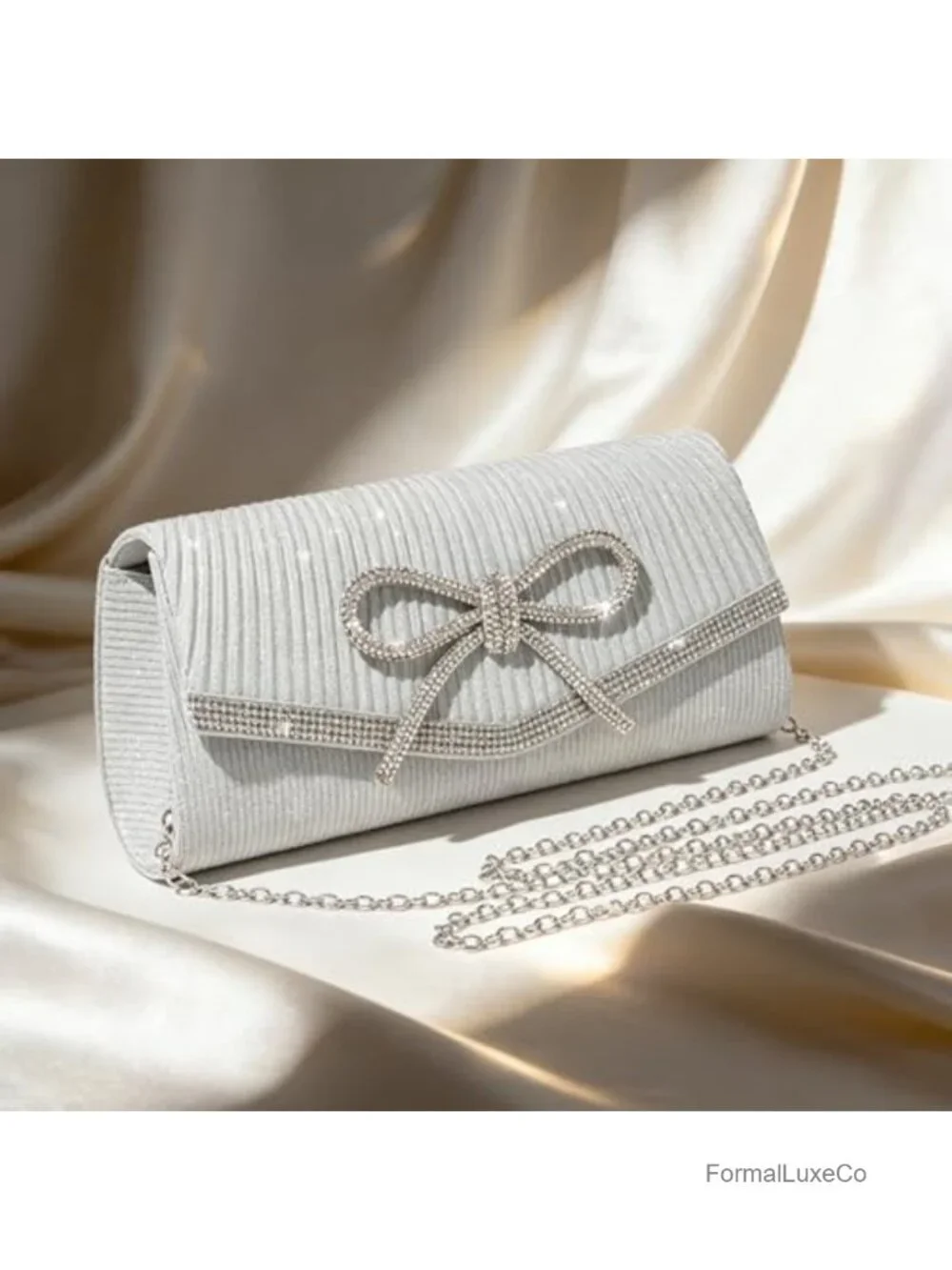 Glitter Bow Clutch Evening Bag with Rhinestone Accents Detachable Chain Strap